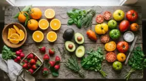 Produce arranged on wooden table